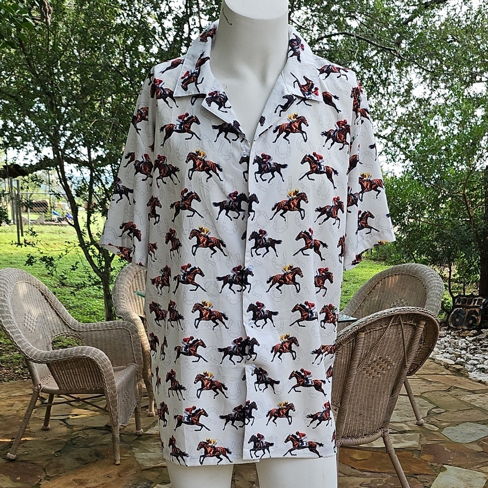 ACE Brand Poly Spandex White Horse Racing Jockeys Short Sleeve Shirt XL